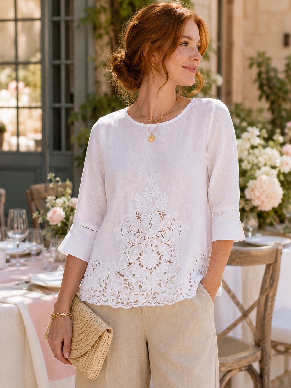 J. Crew White 100% Linen Embroidered Eyelet Blouse Gold Zip Small